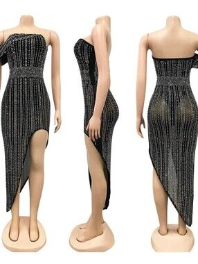 Sexy Women Rhinestone Mesh Strapless Tube Irregular Bodycon Party/Cocktail Dress